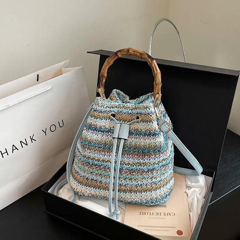 Large Capacity Straw Beach Bag Fashion Rattan Handbag Vintage Bamboo Handle Bucket Tote Women Pu Leather Shoulder Crossbody Bag