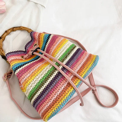 Large Capacity Straw Beach Bag Fashion Rattan Handbag Vintage Bamboo Handle Bucket Tote Women Pu Leather Shoulder Crossbody Bag