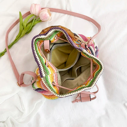 Large Capacity Straw Beach Bag Fashion Rattan Handbag Vintage Bamboo Handle Bucket Tote Women Pu Leather Shoulder Crossbody Bag