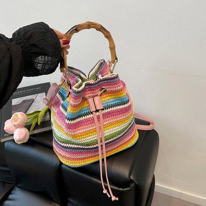 Large Capacity Straw Beach Bag Fashion Rattan Handbag Vintage Bamboo Handle Bucket Tote Women Pu Leather Shoulder Crossbody Bag