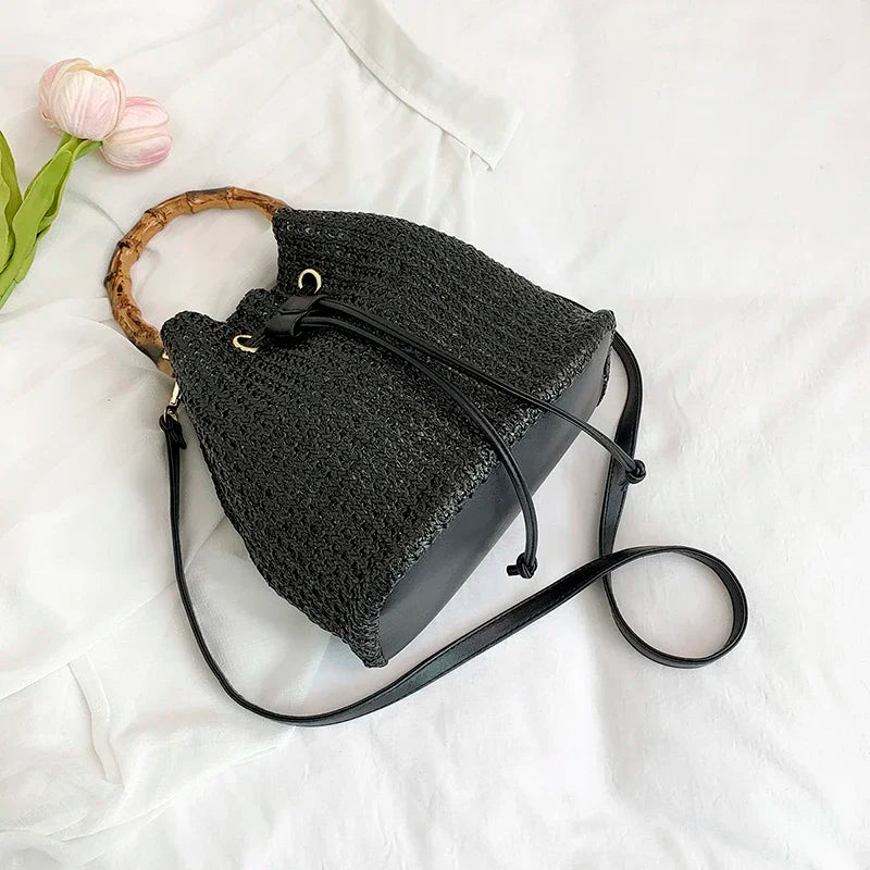 Large Capacity Straw Beach Bag Fashion Rattan Handbag Vintage Bamboo Handle Bucket Tote Women Pu Leather Shoulder Crossbody Bag