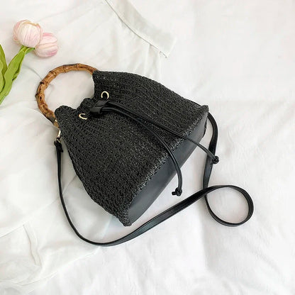 Large Capacity Straw Beach Bag Fashion Rattan Handbag Vintage Bamboo Handle Bucket Tote Women Pu Leather Shoulder Crossbody Bag
