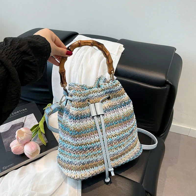 Large Capacity Straw Beach Bag Fashion Rattan Handbag Vintage Bamboo Handle Bucket Tote Women Pu Leather Shoulder Crossbody Bag