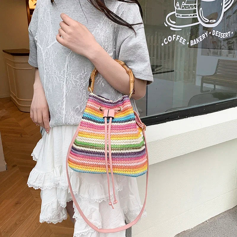 Large Capacity Straw Beach Bag Fashion Rattan Handbag Vintage Bamboo Handle Bucket Tote Women Pu Leather Shoulder Crossbody Bag