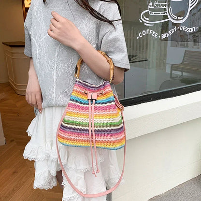 Large Capacity Straw Beach Bag Fashion Rattan Handbag Vintage Bamboo Handle Bucket Tote Women Pu Leather Shoulder Crossbody Bag
