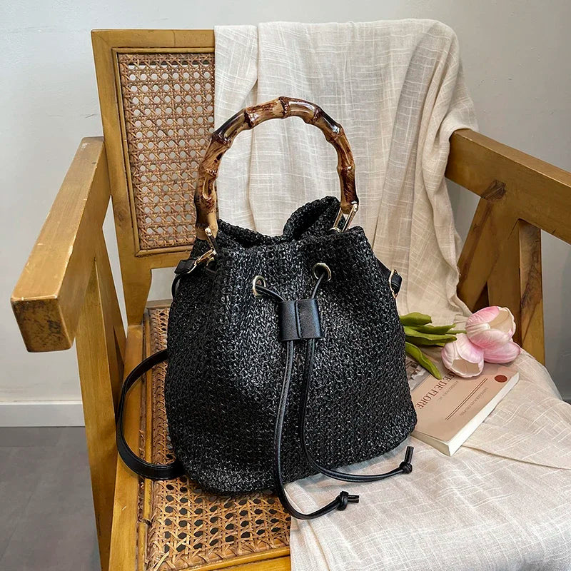 Large Capacity Straw Beach Bag Fashion Rattan Handbag Vintage Bamboo Handle Bucket Tote Women Pu Leather Shoulder Crossbody Bag