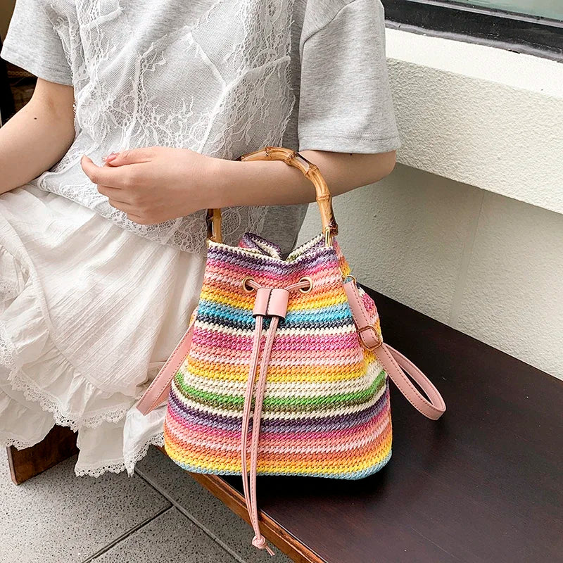 Large Capacity Straw Beach Bag Fashion Rattan Handbag Vintage Bamboo Handle Bucket Tote Women Pu Leather Shoulder Crossbody Bag