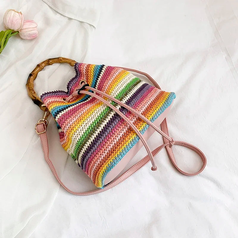 Large Capacity Straw Beach Bag Fashion Rattan Handbag Vintage Bamboo Handle Bucket Tote Women Pu Leather Shoulder Crossbody Bag