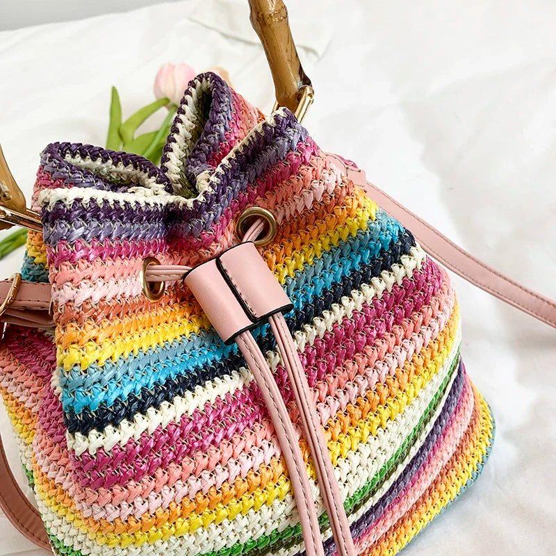 Large Capacity Straw Beach Bag Fashion Rattan Handbag Vintage Bamboo Handle Bucket Tote Women Pu Leather Shoulder Crossbody Bag
