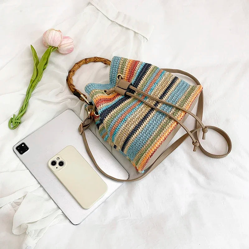 Large Capacity Straw Beach Bag Fashion Rattan Handbag Vintage Bamboo Handle Bucket Tote Women Pu Leather Shoulder Crossbody Bag