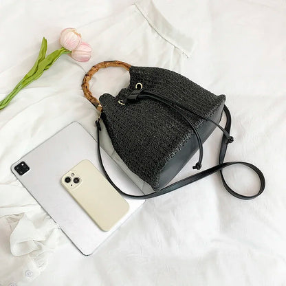 Large Capacity Straw Beach Bag Fashion Rattan Handbag Vintage Bamboo Handle Bucket Tote Women Pu Leather Shoulder Crossbody Bag
