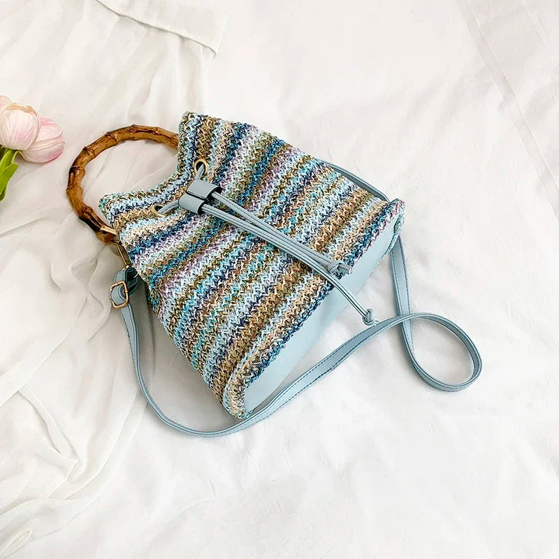 Large Capacity Straw Beach Bag Fashion Rattan Handbag Vintage Bamboo Handle Bucket Tote Women Pu Leather Shoulder Crossbody Bag