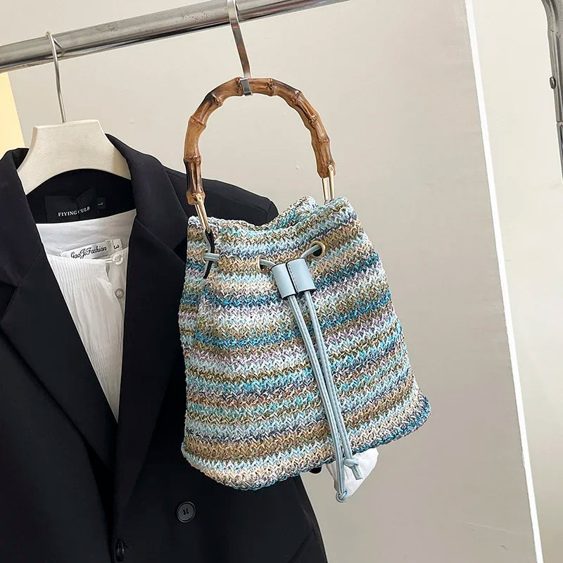 Large Capacity Straw Beach Bag Fashion Rattan Handbag Vintage Bamboo Handle Bucket Tote Women Pu Leather Shoulder Crossbody Bag