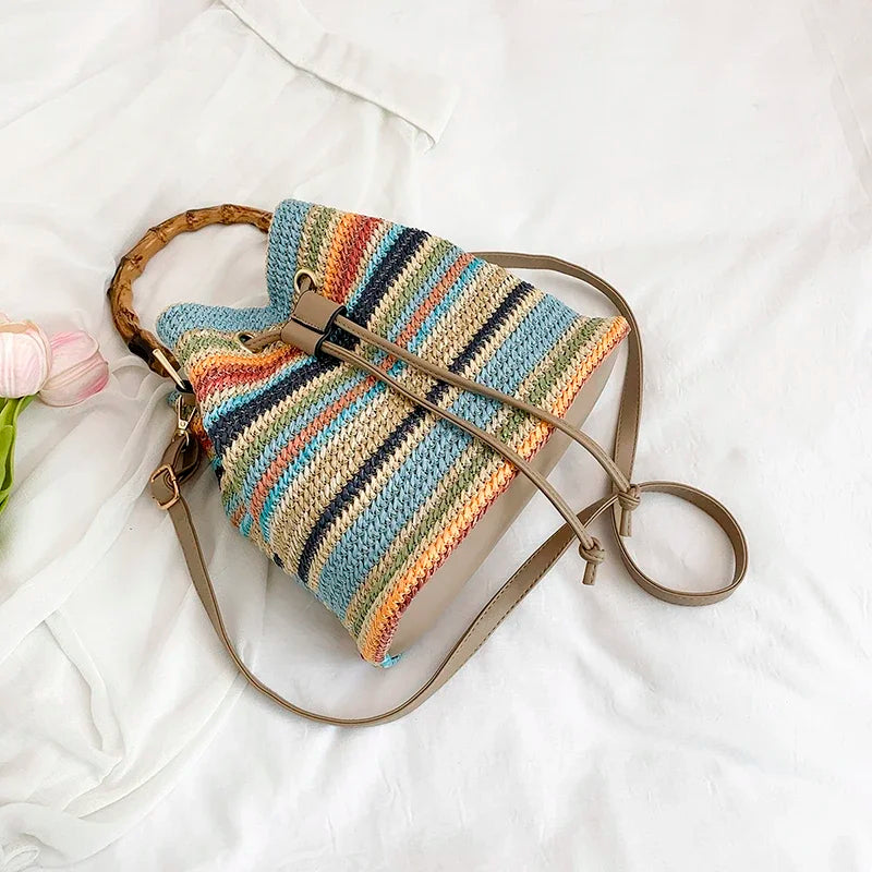 Large Capacity Straw Beach Bag Fashion Rattan Handbag Vintage Bamboo Handle Bucket Tote Women Pu Leather Shoulder Crossbody Bag
