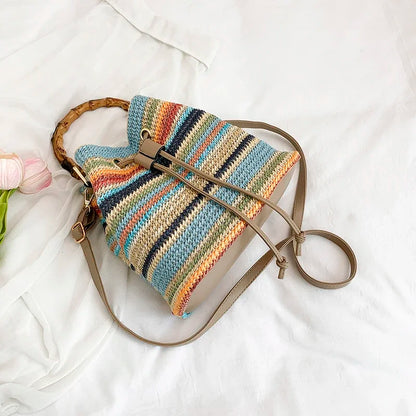 Large Capacity Straw Beach Bag Fashion Rattan Handbag Vintage Bamboo Handle Bucket Tote Women Pu Leather Shoulder Crossbody Bag