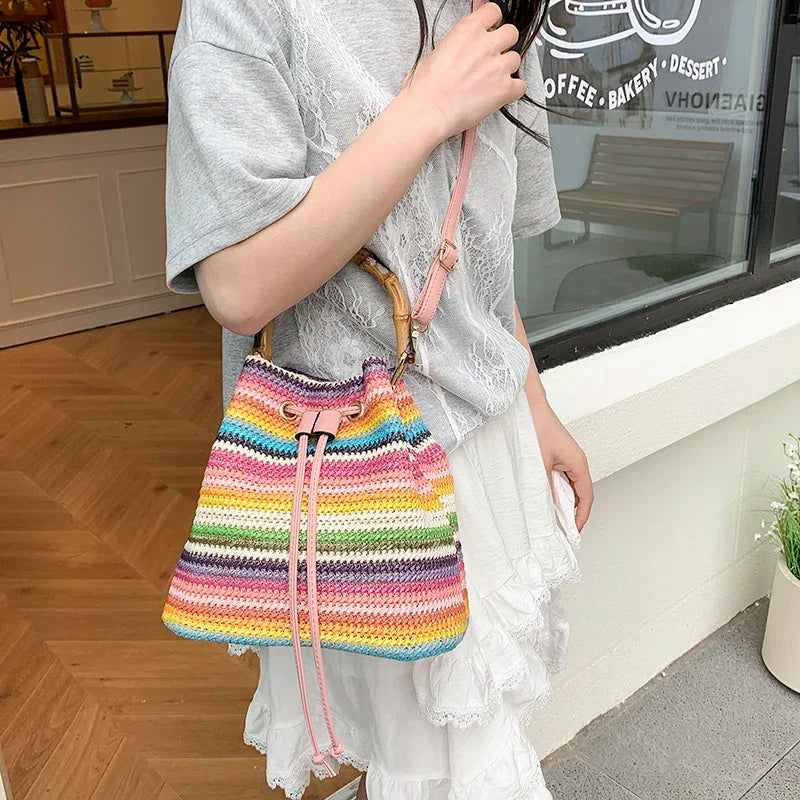 Large Capacity Straw Beach Bag Fashion Rattan Handbag Vintage Bamboo Handle Bucket Tote Women Pu Leather Shoulder Crossbody Bag