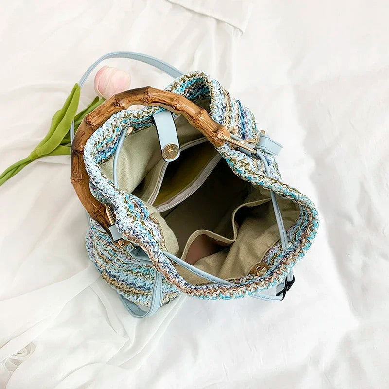 Large Capacity Straw Beach Bag Fashion Rattan Handbag Vintage Bamboo Handle Bucket Tote Women Pu Leather Shoulder Crossbody Bag