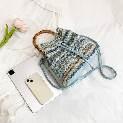 Large Capacity Straw Beach Bag Fashion Rattan Handbag Vintage Bamboo Handle Bucket Tote Women Pu Leather Shoulder Crossbody Bag