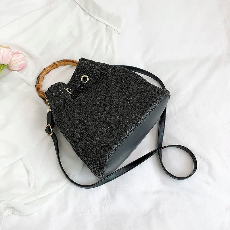 Large Capacity Straw Beach Bag Fashion Rattan Handbag Vintage Bamboo Handle Bucket Tote Women Pu Leather Shoulder Crossbody Bag