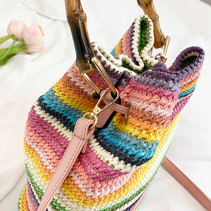Large Capacity Straw Beach Bag Fashion Rattan Handbag Vintage Bamboo Handle Bucket Tote Women Pu Leather Shoulder Crossbody Bag