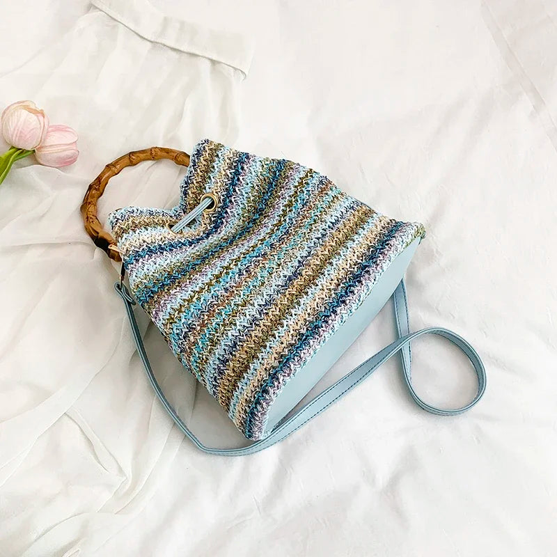 Large Capacity Straw Beach Bag Fashion Rattan Handbag Vintage Bamboo Handle Bucket Tote Women Pu Leather Shoulder Crossbody Bag