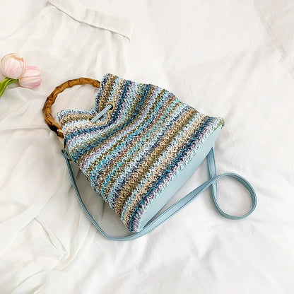 Large Capacity Straw Beach Bag Fashion Rattan Handbag Vintage Bamboo Handle Bucket Tote Women Pu Leather Shoulder Crossbody Bag