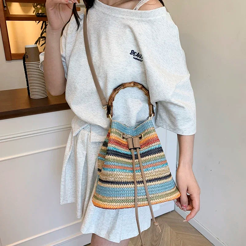 Large Capacity Straw Beach Bag Fashion Rattan Handbag Vintage Bamboo Handle Bucket Tote Women Pu Leather Shoulder Crossbody Bag