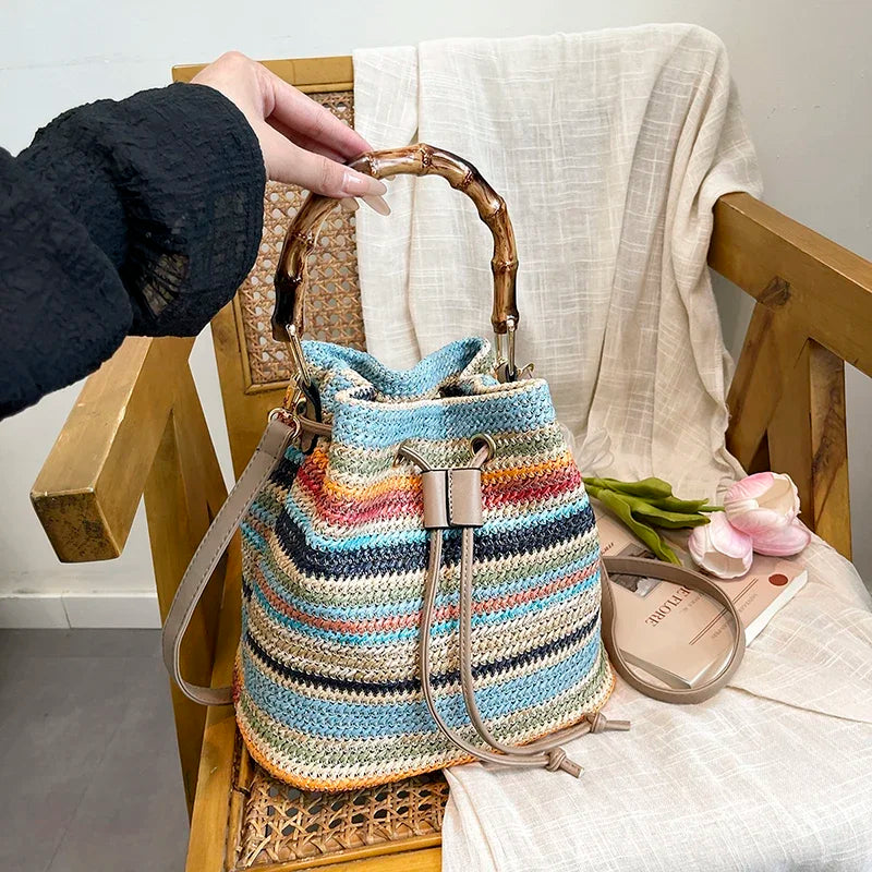 Large Capacity Straw Beach Bag Fashion Rattan Handbag Vintage Bamboo Handle Bucket Tote Women Pu Leather Shoulder Crossbody Bag