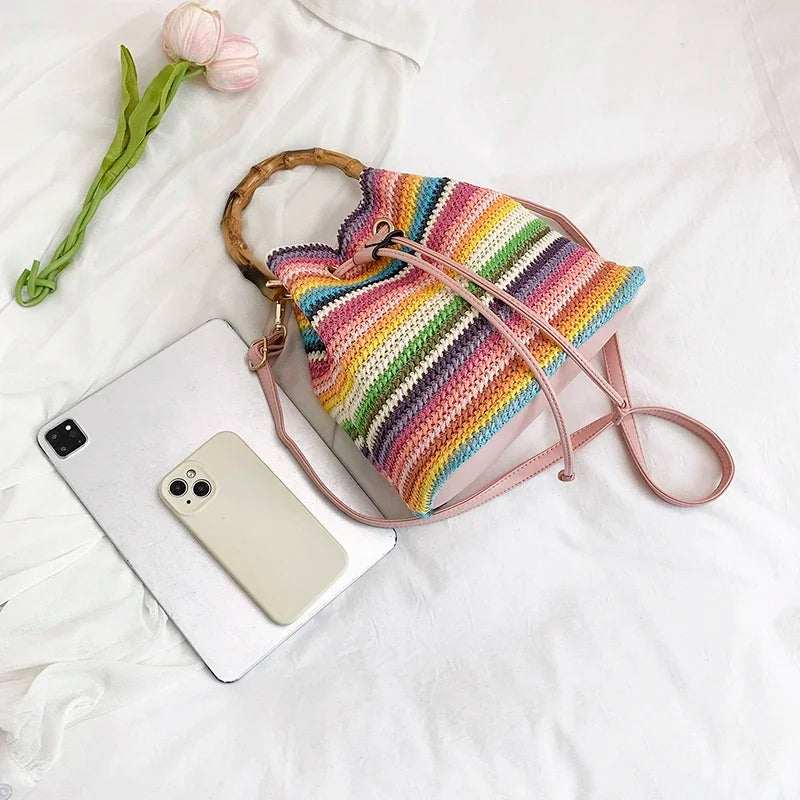 Large Capacity Straw Beach Bag Fashion Rattan Handbag Vintage Bamboo Handle Bucket Tote Women Pu Leather Shoulder Crossbody Bag