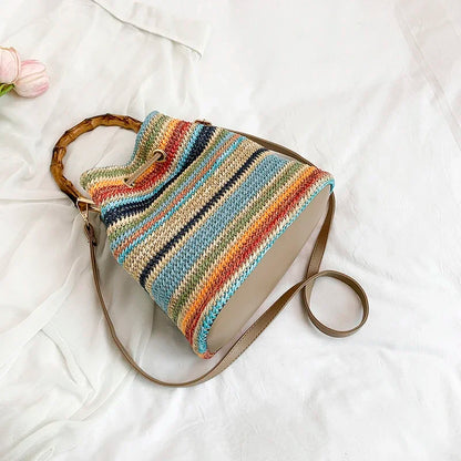 Large Capacity Straw Beach Bag Fashion Rattan Handbag Vintage Bamboo Handle Bucket Tote Women Pu Leather Shoulder Crossbody Bag