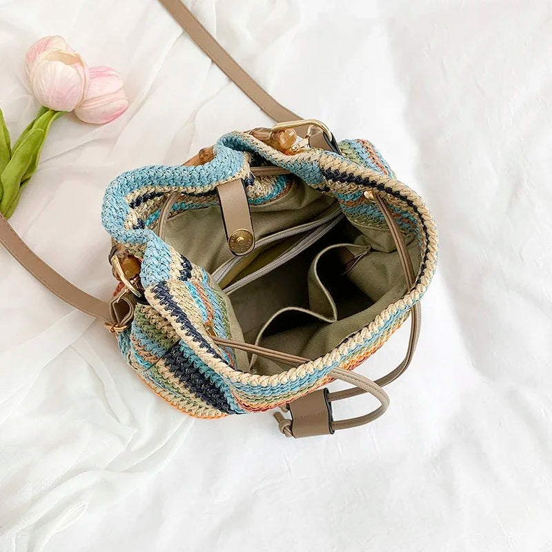 Large Capacity Straw Beach Bag Fashion Rattan Handbag Vintage Bamboo Handle Bucket Tote Women Pu Leather Shoulder Crossbody Bag