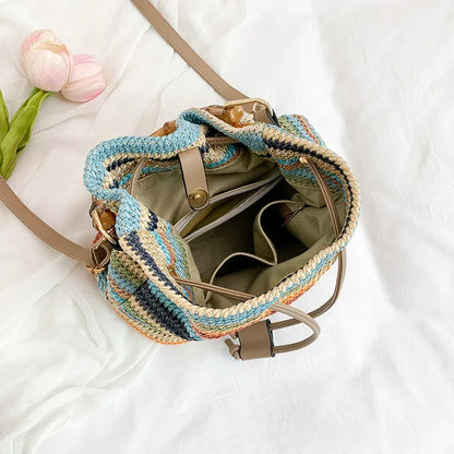 Large Capacity Straw Beach Bag Fashion Rattan Handbag Vintage Bamboo Handle Bucket Tote Women Pu Leather Shoulder Crossbody Bag