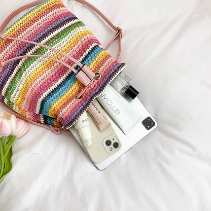 Large Capacity Straw Beach Bag Fashion Rattan Handbag Vintage Bamboo Handle Bucket Tote Women Pu Leather Shoulder Crossbody Bag