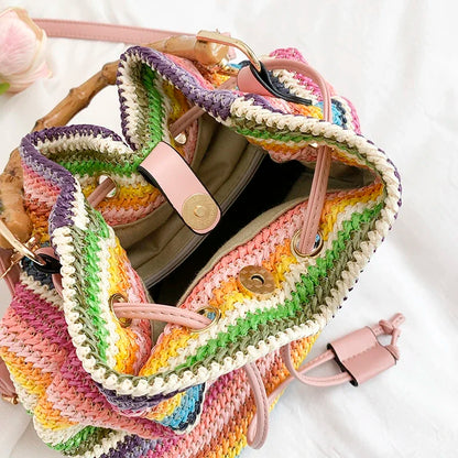 Large Capacity Straw Beach Bag Fashion Rattan Handbag Vintage Bamboo Handle Bucket Tote Women Pu Leather Shoulder Crossbody Bag