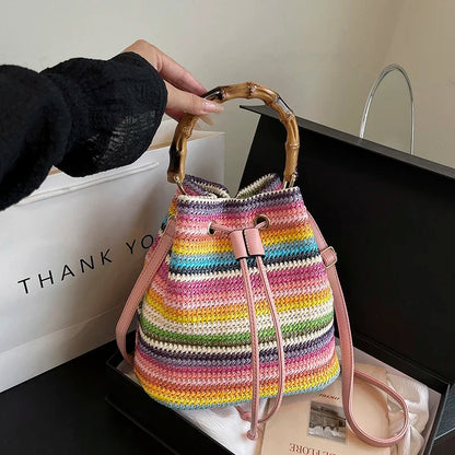 Large Capacity Straw Beach Bag Fashion Rattan Handbag Vintage Bamboo Handle Bucket Tote Women Pu Leather Shoulder Crossbody Bag