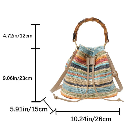 Large Capacity Straw Beach Bag Fashion Rattan Handbag Vintage Bamboo Handle Bucket Tote Women Pu Leather Shoulder Crossbody Bag