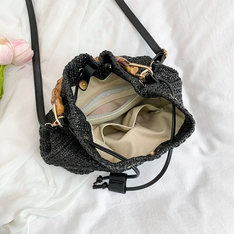 Large Capacity Straw Beach Bag Fashion Rattan Handbag Vintage Bamboo Handle Bucket Tote Women Pu Leather Shoulder Crossbody Bag