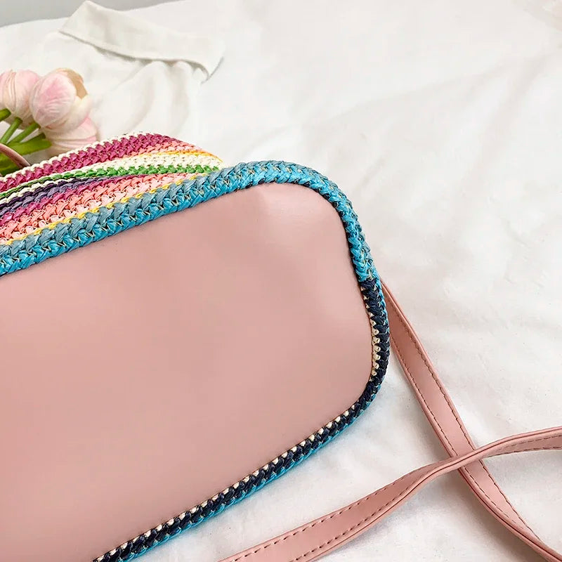 Large Capacity Straw Beach Bag Fashion Rattan Handbag Vintage Bamboo Handle Bucket Tote Women Pu Leather Shoulder Crossbody Bag