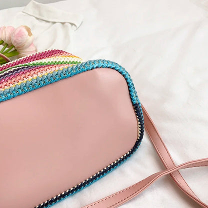 Large Capacity Straw Beach Bag Fashion Rattan Handbag Vintage Bamboo Handle Bucket Tote Women Pu Leather Shoulder Crossbody Bag