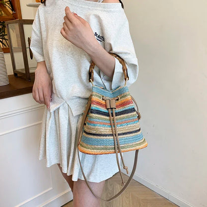Large Capacity Straw Beach Bag Fashion Rattan Handbag Vintage Bamboo Handle Bucket Tote Women Pu Leather Shoulder Crossbody Bag