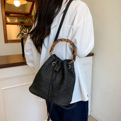 Large Capacity Straw Beach Bag Fashion Rattan Handbag Vintage Bamboo Handle Bucket Tote Women Pu Leather Shoulder Crossbody Bag